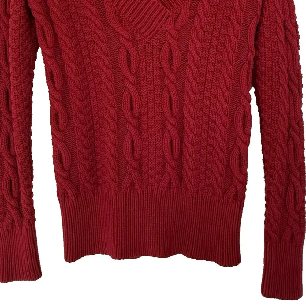 Vtg Moda Y2K Cable Knit Sweater Jumper M Red Cotton V-Neck Long Sleeve Fisherman